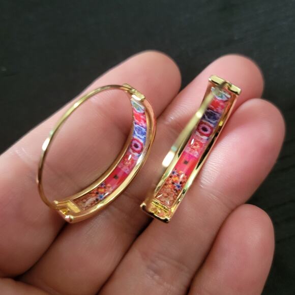 Boho floral insert gold tone hoop earrings - Picture 2 of 3